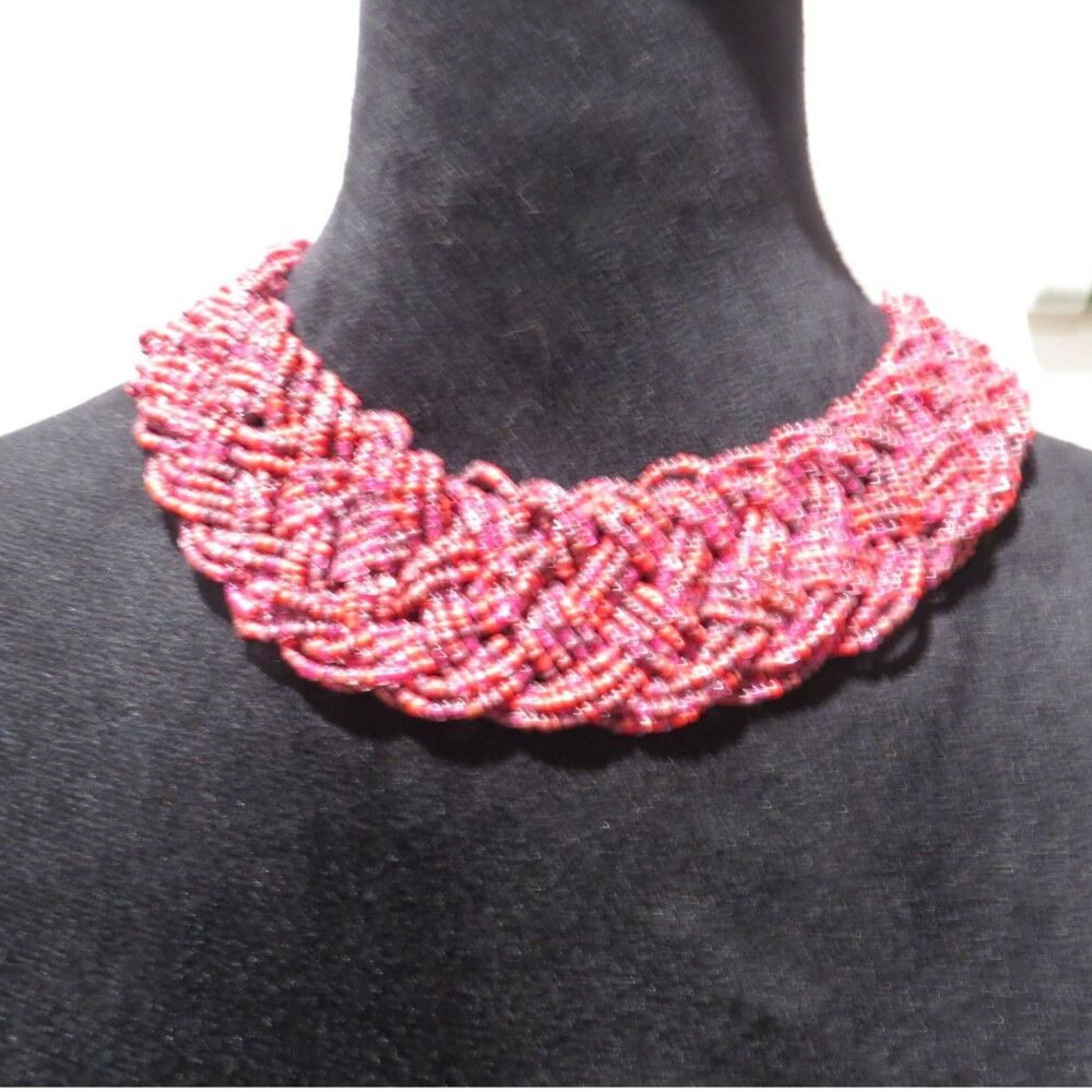 Vintage 90's Braided Seed Bead Multi-Strand Statement Collar Necklace Red EUC